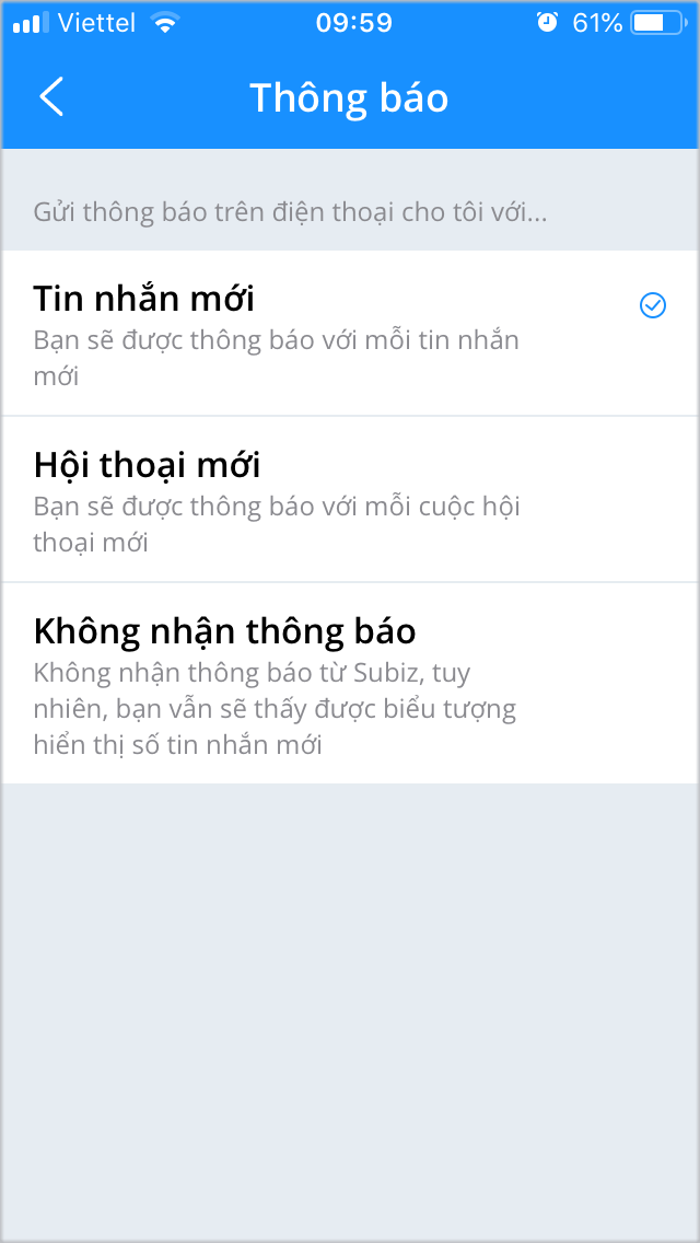 Cài đặt thông báo trên Subiz app