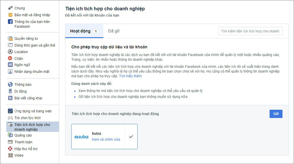 Gỡ Subiz trong Tiện ích tích hợp cho doanh nghiệp