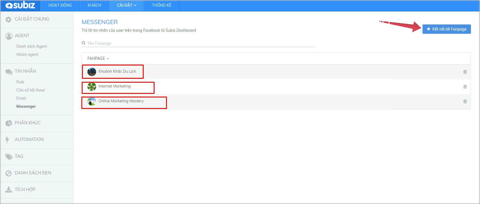 Kết nối nhiều Fanpage vào tài khoản Subiz