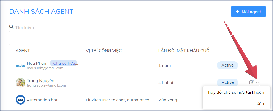 Thay đổi chủ sở hữu tài khoản Subiz