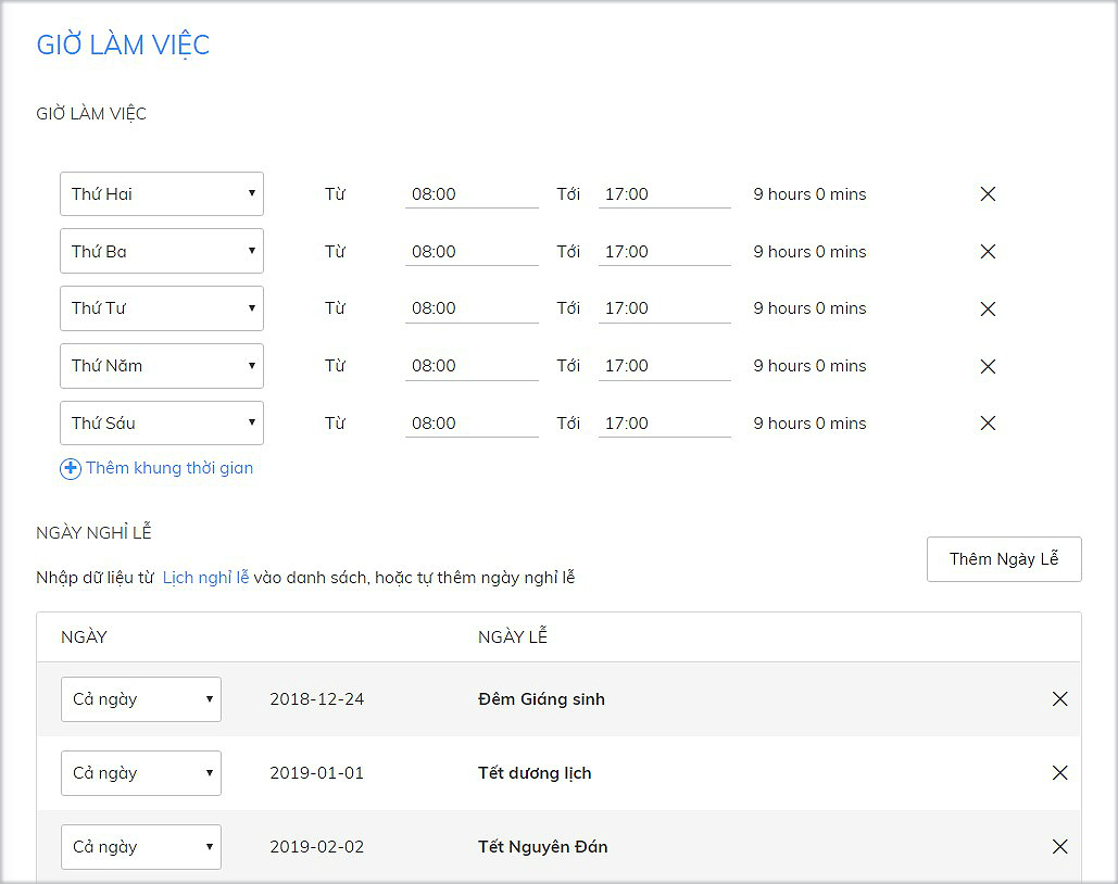 Cài đặt giờ làm việc của doanh nghiệp