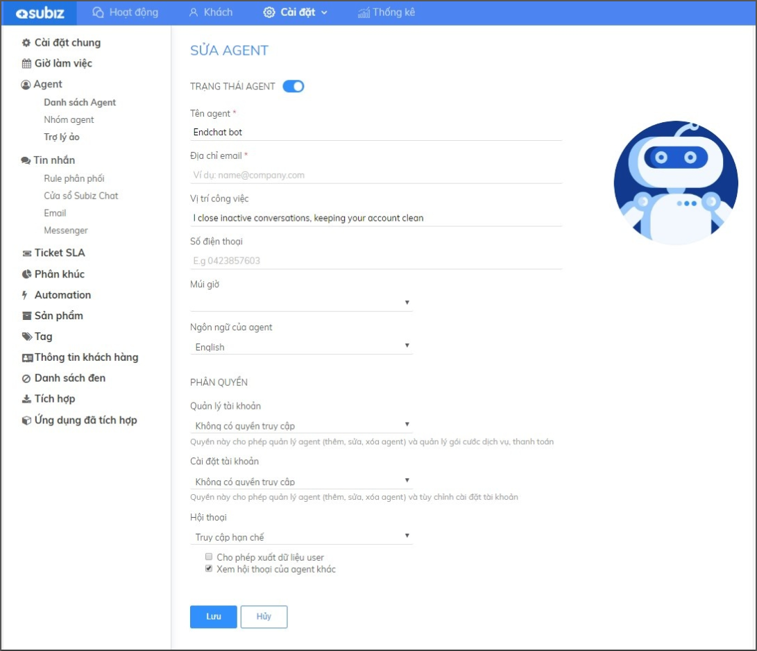 Kích hoạt Endchat Bot