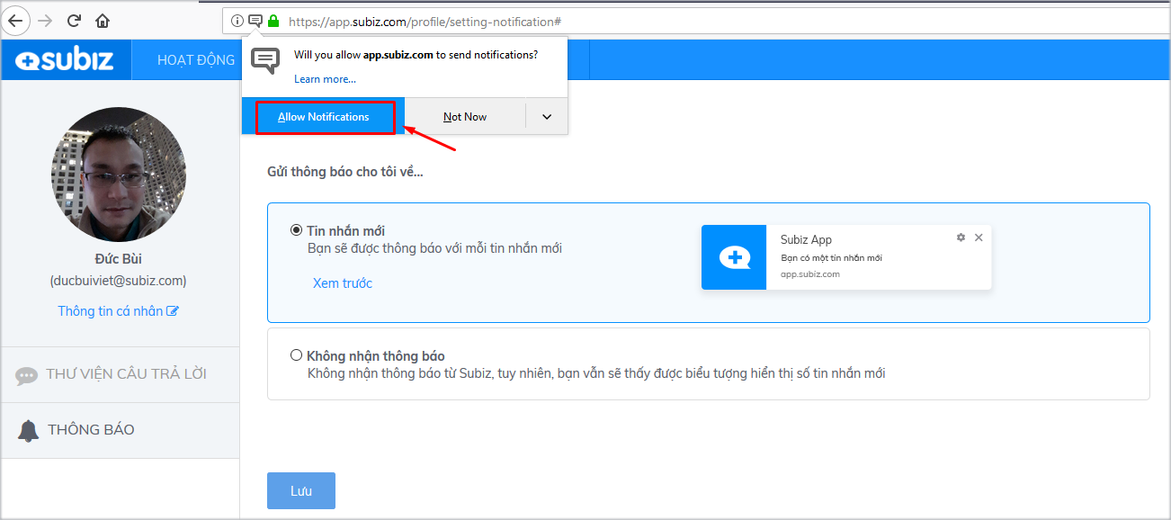 Cho phép nhận thông báo sau khi nhấn Lưu