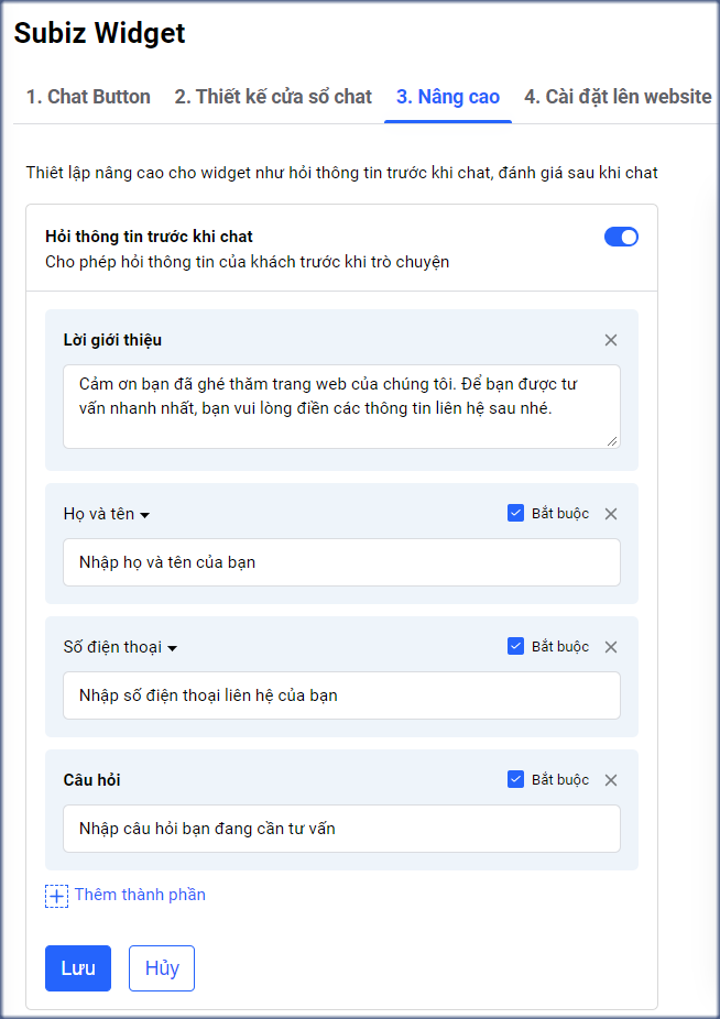 Hỏi thông tin trước khi chat