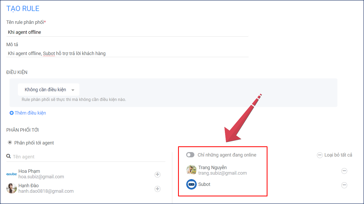 Rule 2 phân phối hội thoại khi agent offline