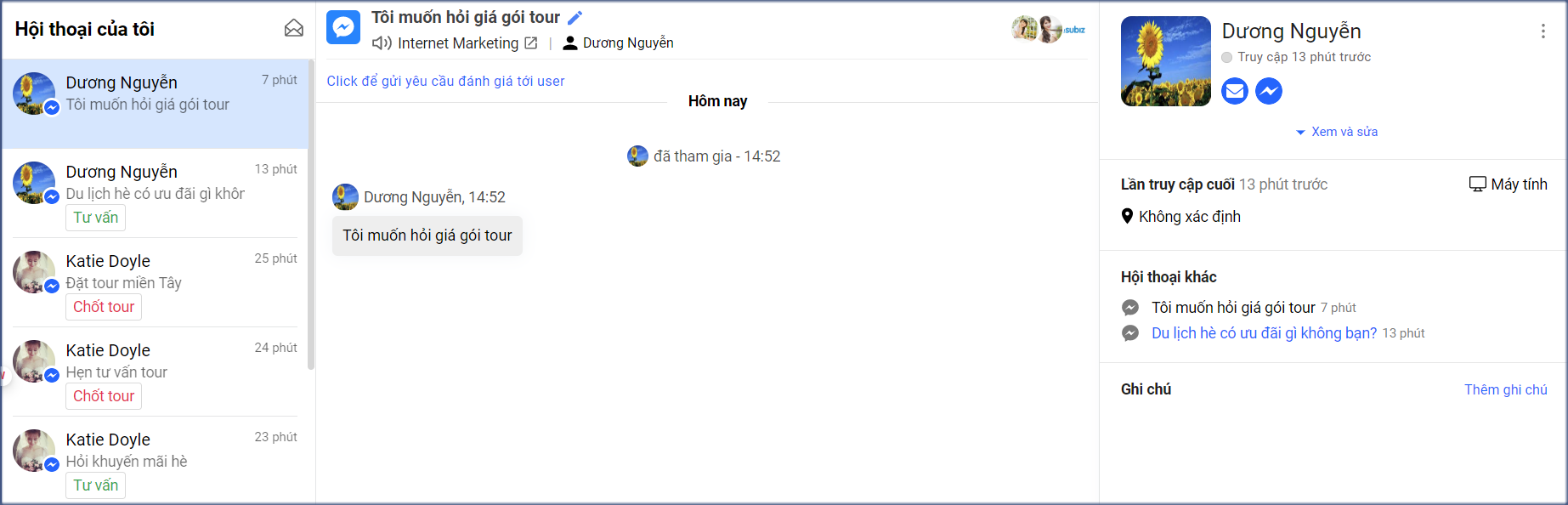 Nhận tin nhắn messenger trên Subiz