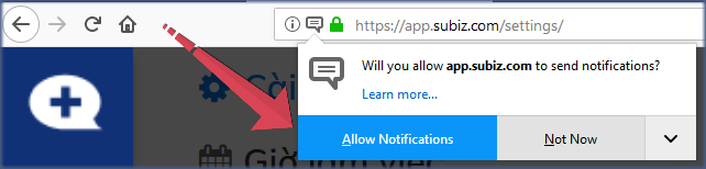 Allow Notifications cho phép Subiz thông báo