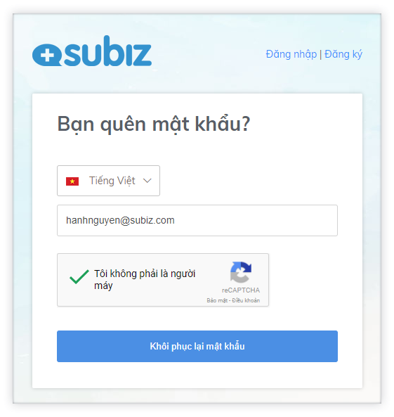 Nhập email đã đăng ký tài khoản Subiz