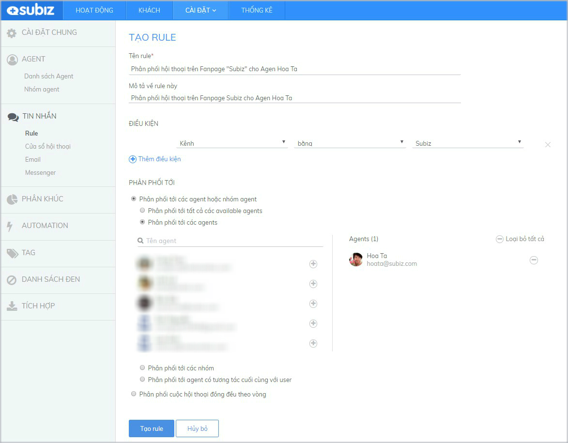 Cài đặt Rule phân phối hội thoại trên kênh Messenger Fanpage