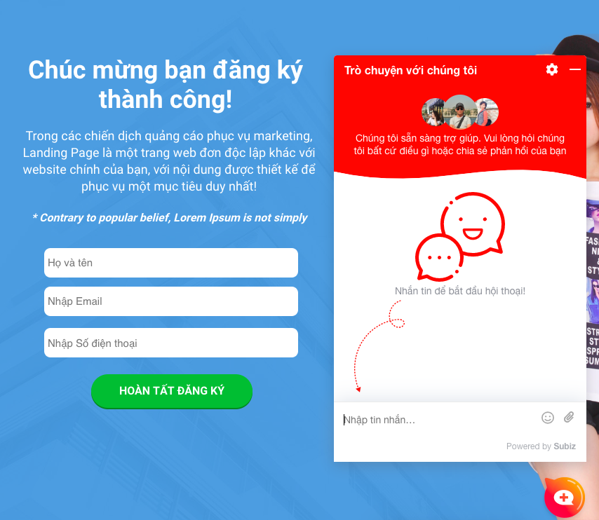 Landing page với cửa sổ Subiz.