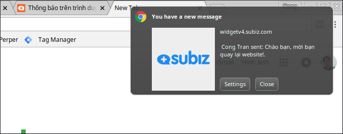 Thông báo màn hình Subiz trên máy tính khách hàng.