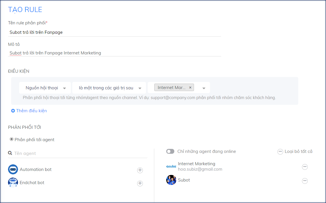 Rule phân phối cho Subot trả lời trên fanpage