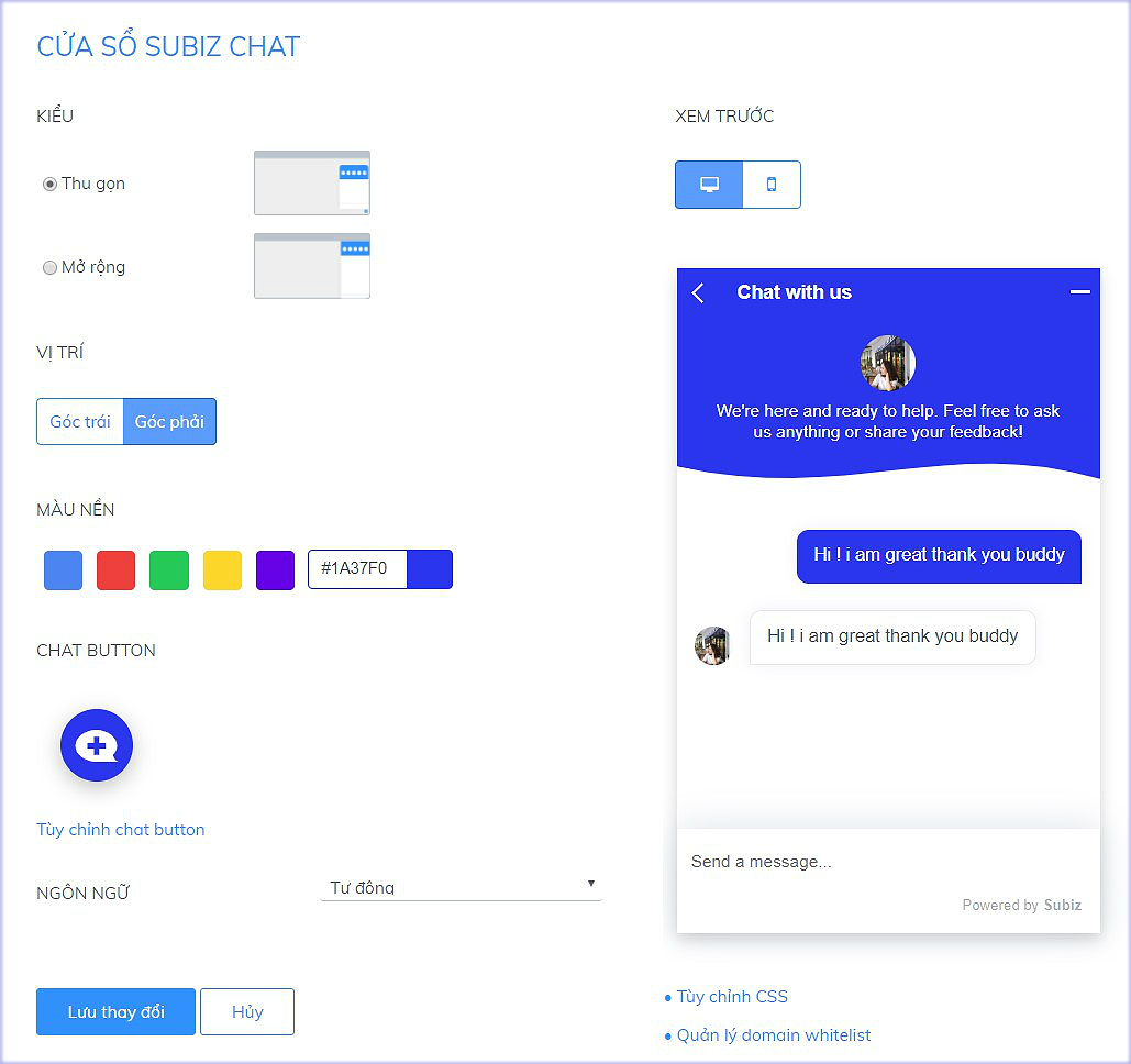 Cài đặt cửa sổ Subiz chat