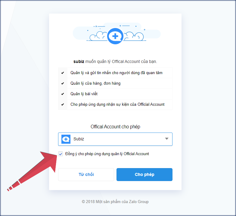 Cho phép Subiz quản lý Zalo Official Account