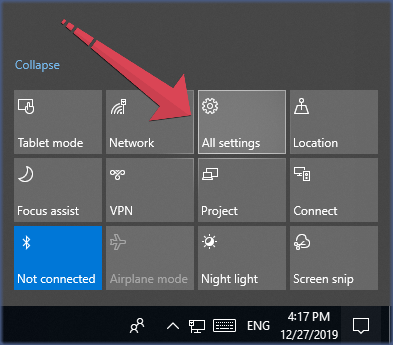 Chọn All settings trong Action Center