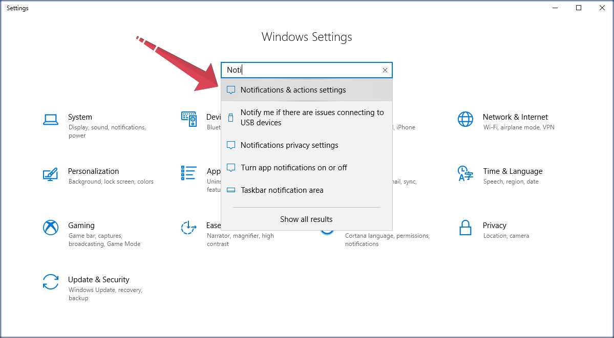 Tìm kiếm đến trang Notifacations &amp; actions settings
