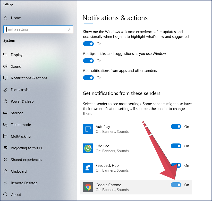Cho phép trình duyệt Google Chrome thông báo