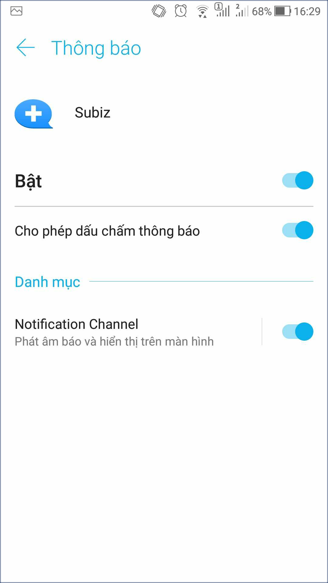 Bật On cho phép Subiz thông báo trên điện thoại Android