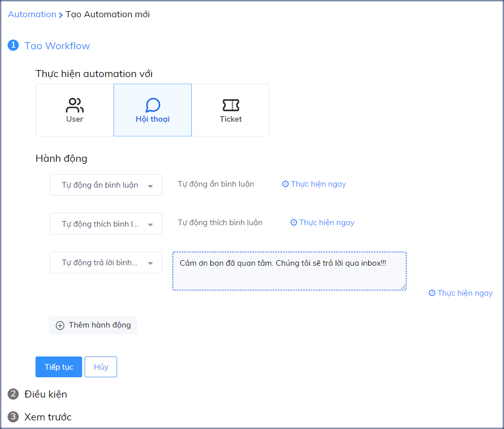 Automation workflow cho bình luận Fanpage