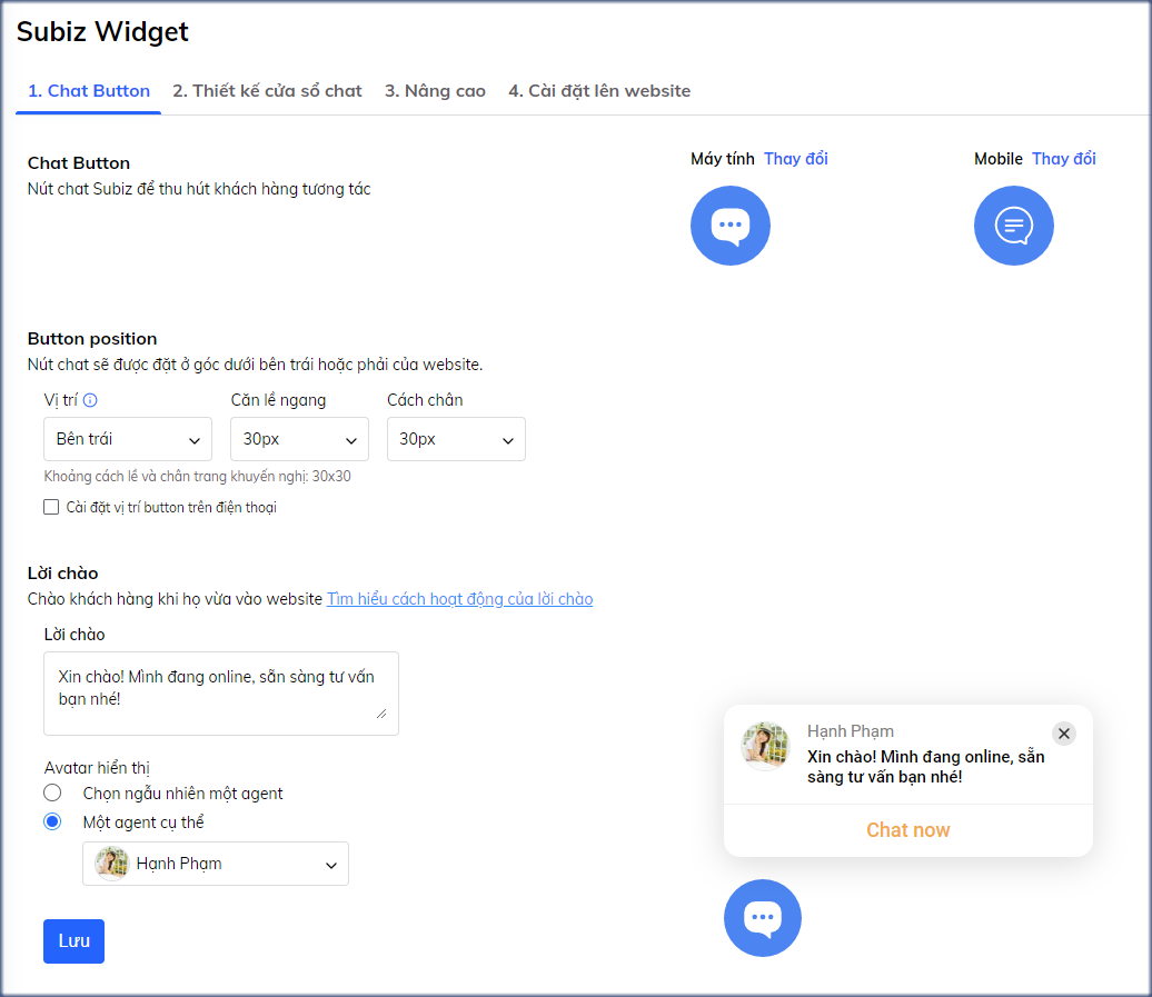 Cài đặt chat button Subiz