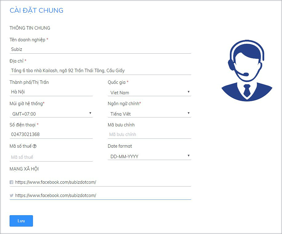 Cài đặt thông tin doanh nghiệp