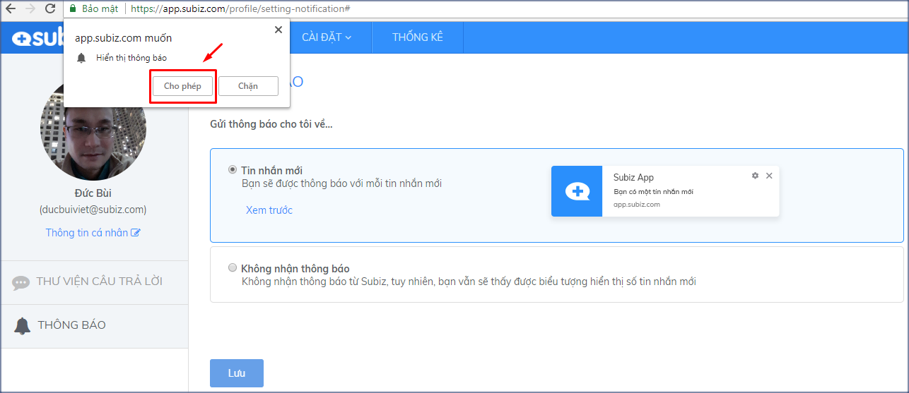 Cho phép hiển thị thông báo mới