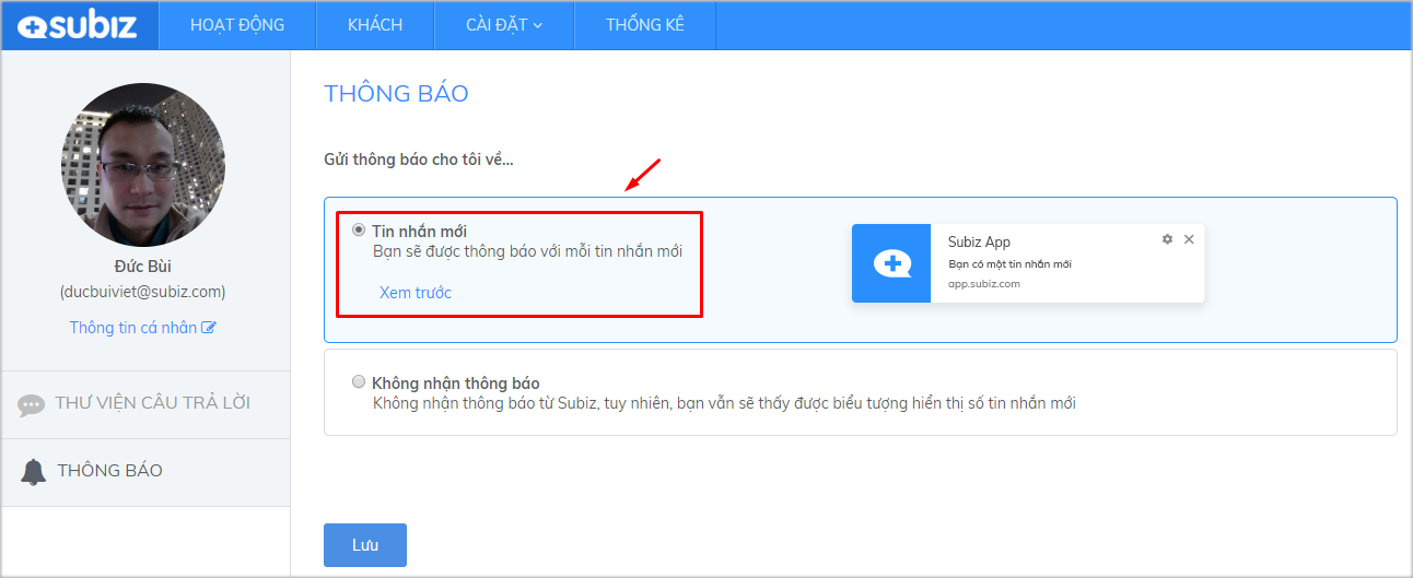Chọn thông báo tin nhắn và Lưu