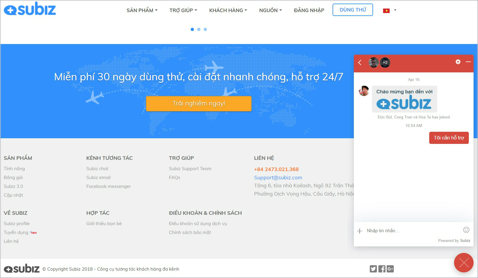 Cửa sổ chat Subiz trên website