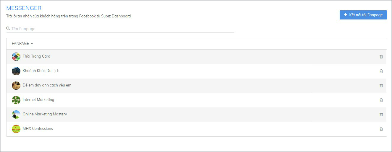 Danh sách Fanpage kết nối vào Subiz