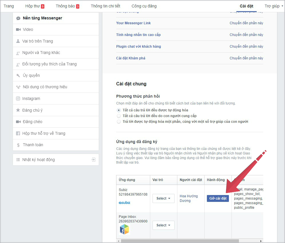 Gỡ cài đặt Subiz trong từng Fanpage