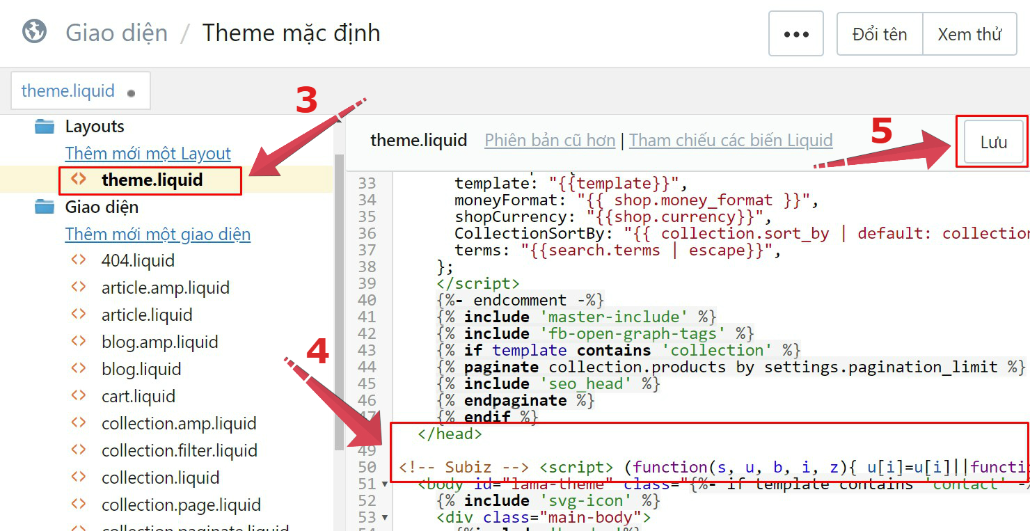 Đặt mã nhúng Subiz vào Haravan web
