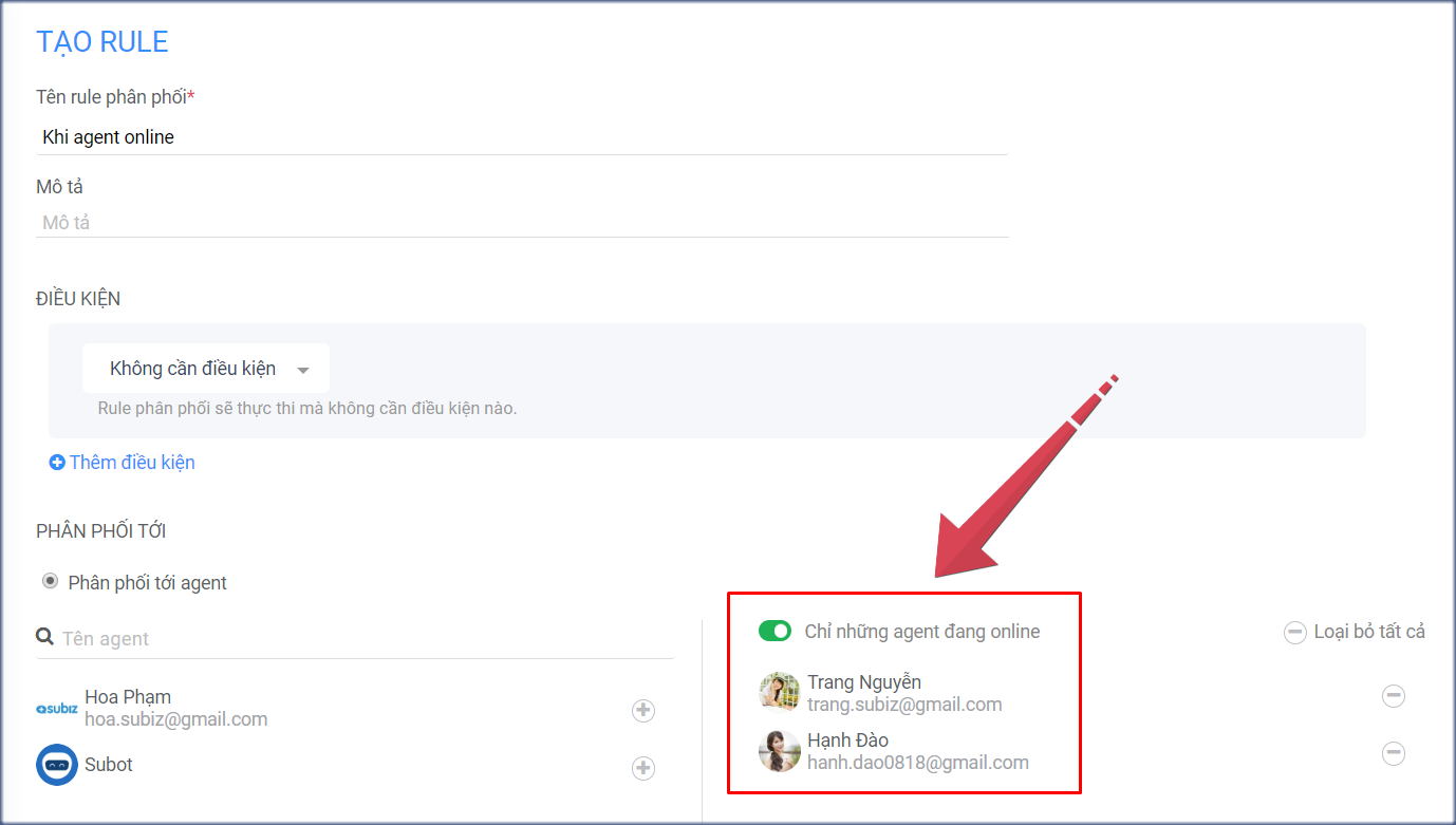 Rule 1 phân phối hội thoại khi agent online