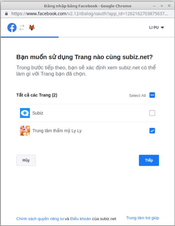 Lựa chọn Fanpage tích hợp