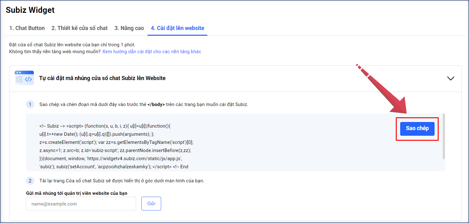 Sao chép mã nhúng cài đặt cửa sổ chat Subiz