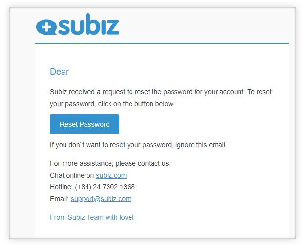 Kiểm tra email và chọn Reset Password