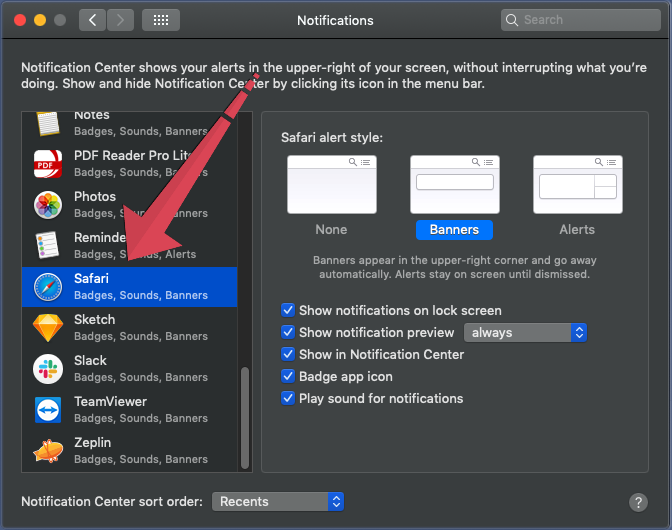 Chọn Safari và chọn kiểu thông báo Banners hoặc Alerts