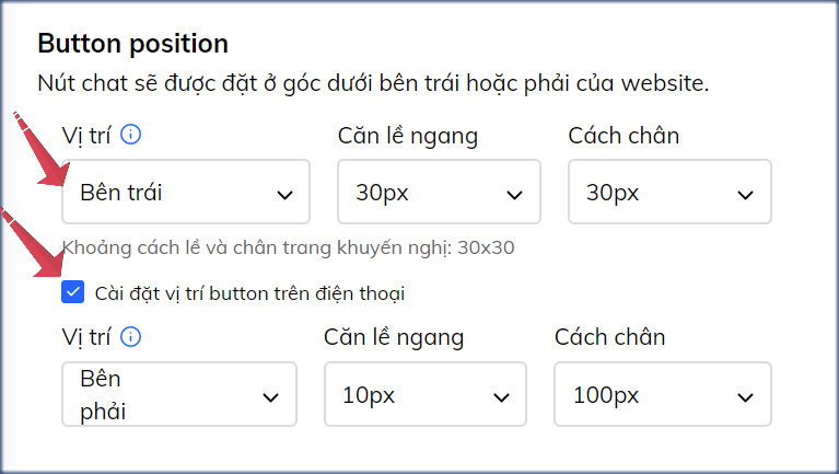 Cài đặt vị trí button chat Subiz