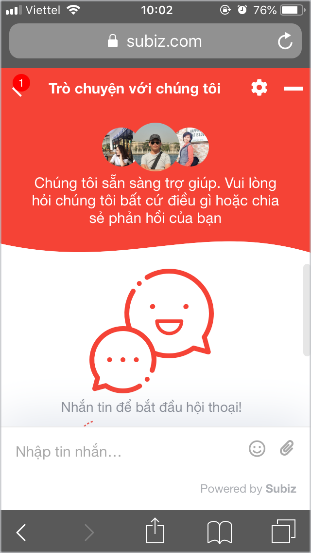 Cửa sổ Subiz chat trên điện thoại